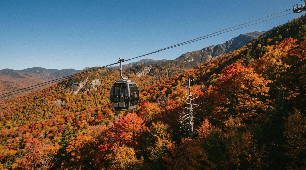 Ropeway gondola crossing a hillside of red and orange autumn maples on the way up to Noboribetsu Bear Park, Hokkaido