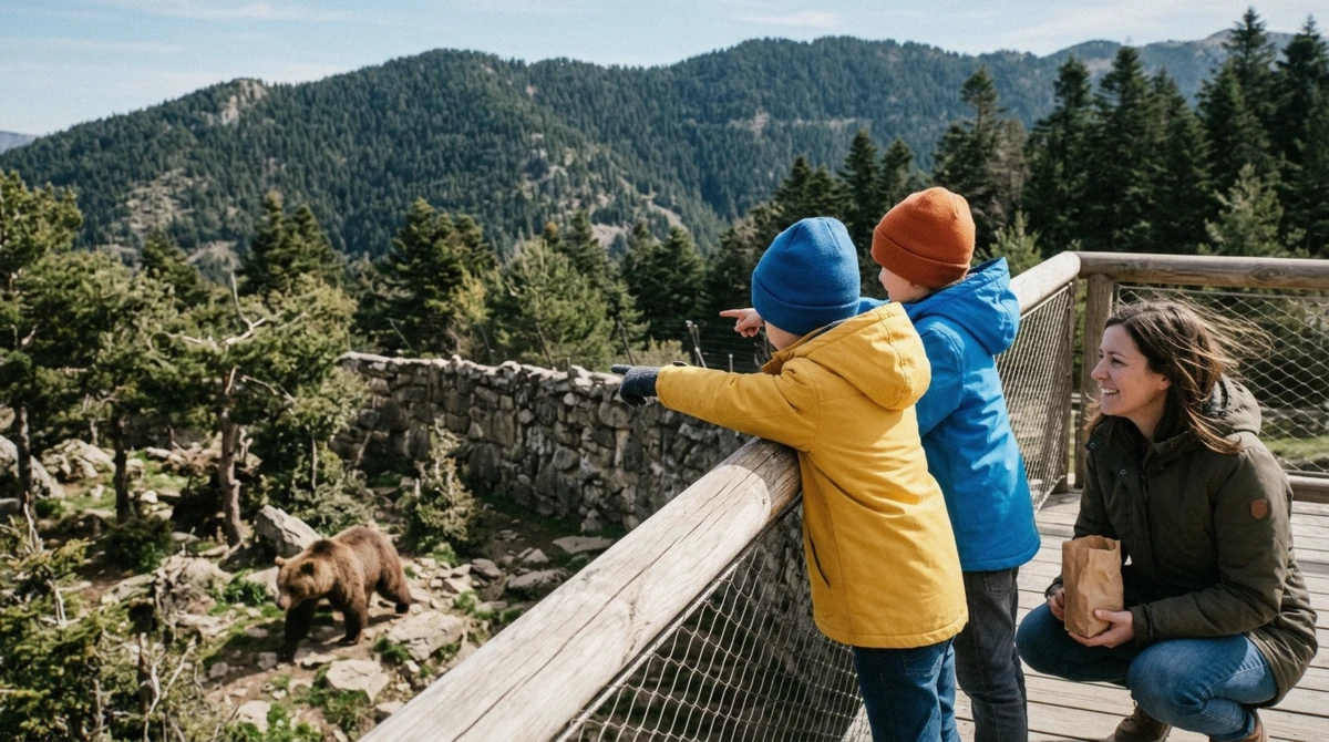 Children pointing at a brown bear from the visitor railing while a parent holds a food packet at Noboribetsu Bear Park, Hokkaido