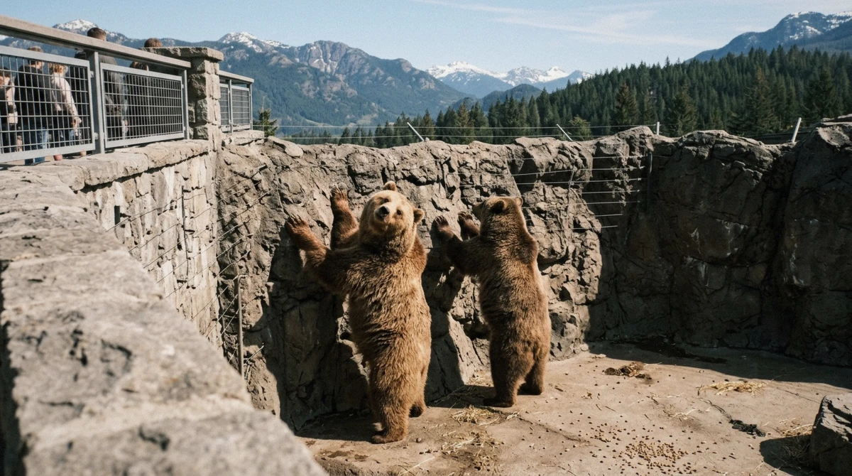 Two brown bears standing upright with paws raised in their enclosure at Noboribetsu Bear Park on a sunny morning, Hokkaido