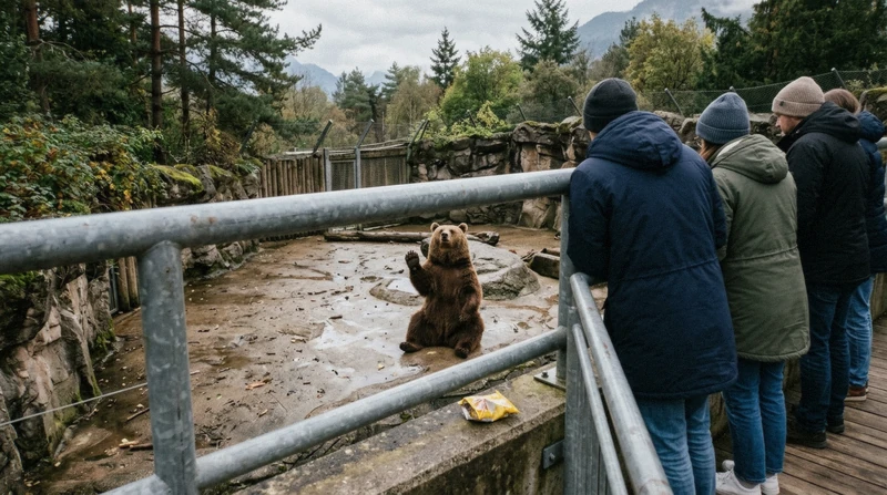 Brown bear begging from the visitor deck at Noboribetsu Bear Park, where the animals stay outdoors year-round, Hokkaido
