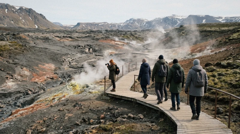 Visitors walking the wooden boardwalk across the steaming volcanic valley of Jigokudani below Noboribetsu Bear Park, Hokkaido